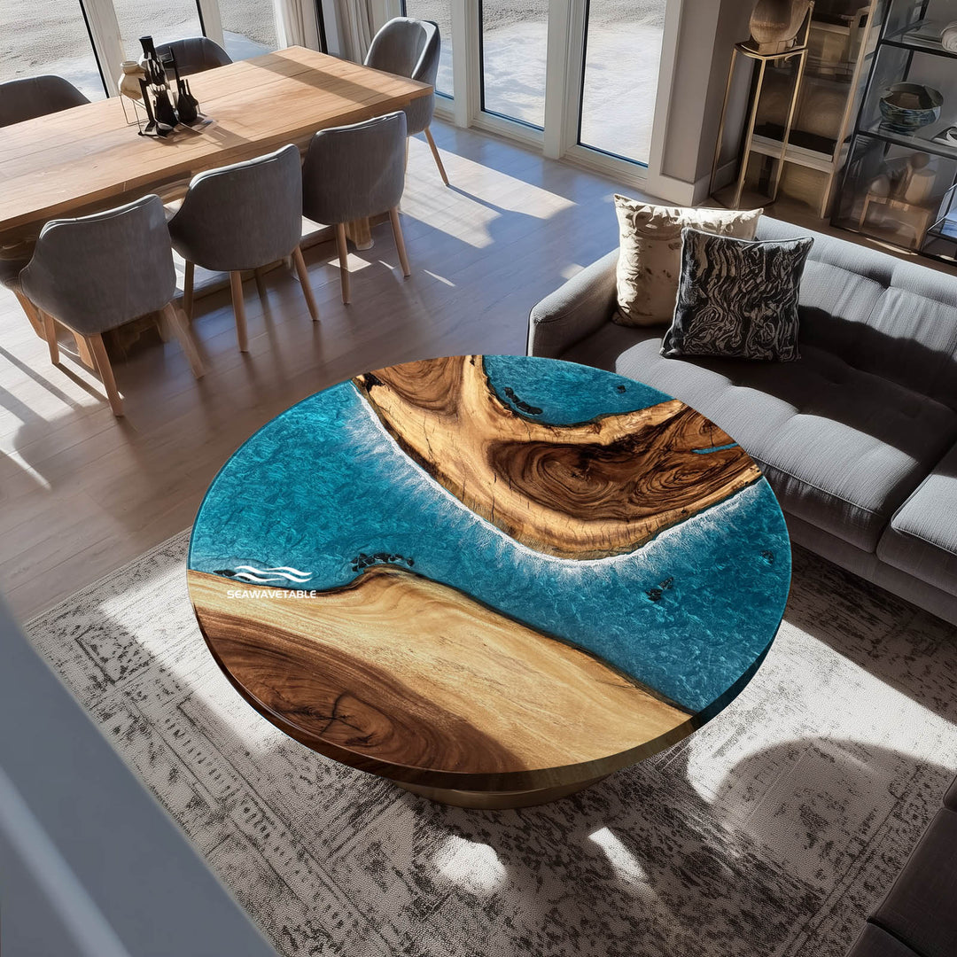 Modern resin dining table as home centerpiece; custom resin conference table in office setting.