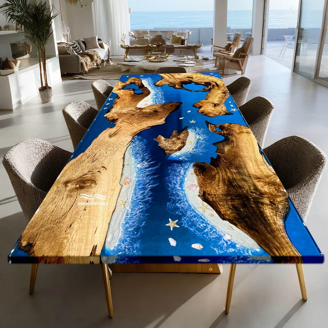 Epoxy resin river table with live-edge wood and blue ocean effect; galaxy-inspired resin coffee table with metallic shimmer.