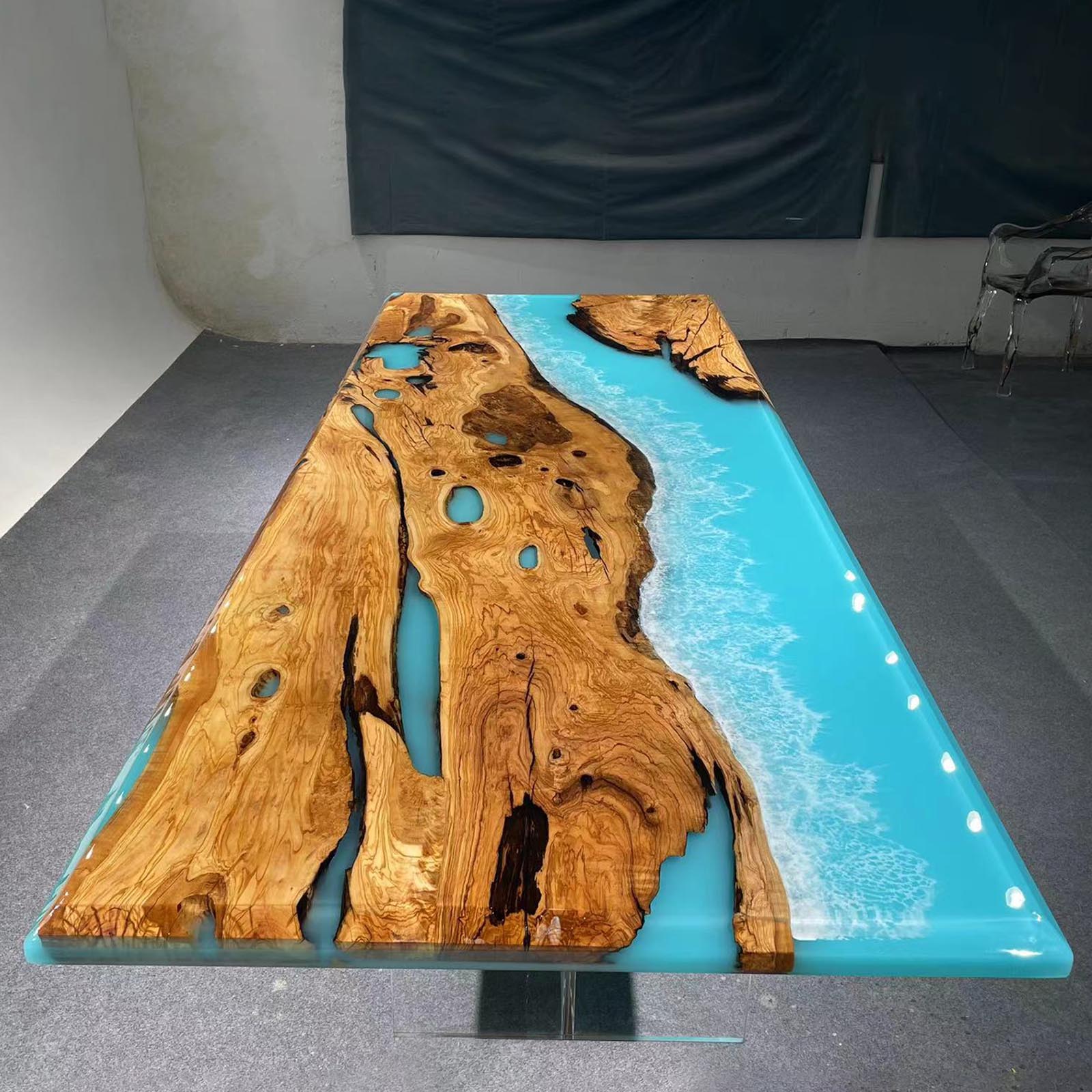 Custom Olive Wood Dining Table – 48" × 96" | Ocean Serenity Resin | St ...
