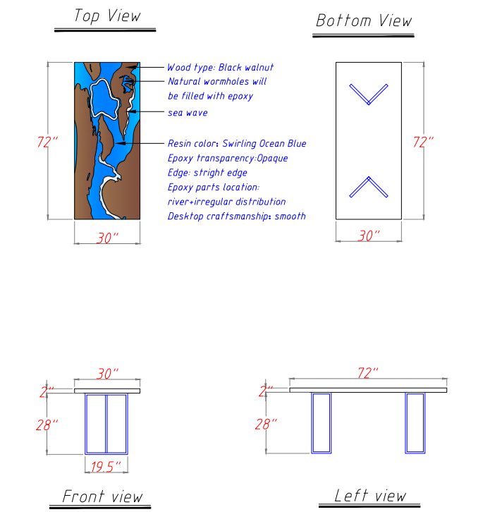 Custom Black Walnut Blue Epoxy River Dining Table Top CRT-142