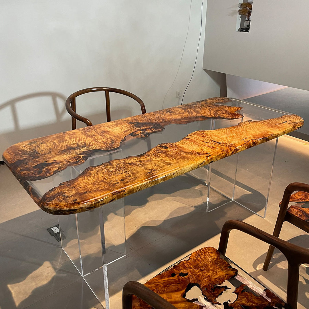 Striking Epoxy Table with Poplar Wood Top and Clear Resin Legs