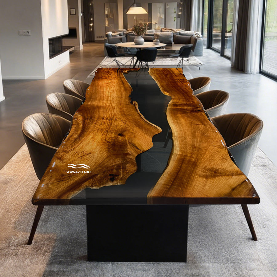 handcrafted black walnut epoxy dining table with black resin river