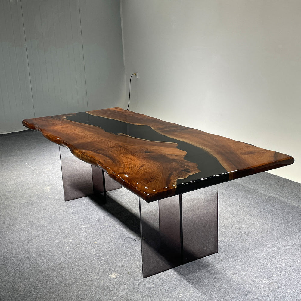 handcrafted black walnut epoxy table with natural live edges