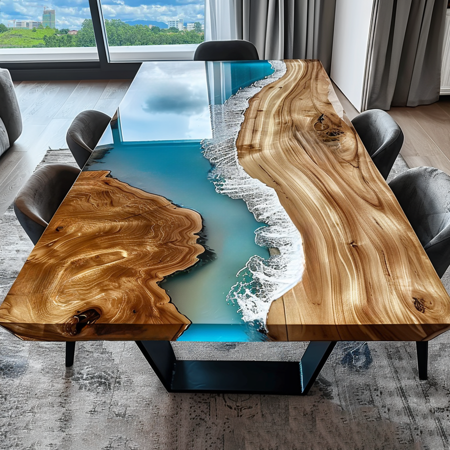 Golden Camphor live edge dining table with ocean wave epoxy resin design, handcrafted and custom-made.