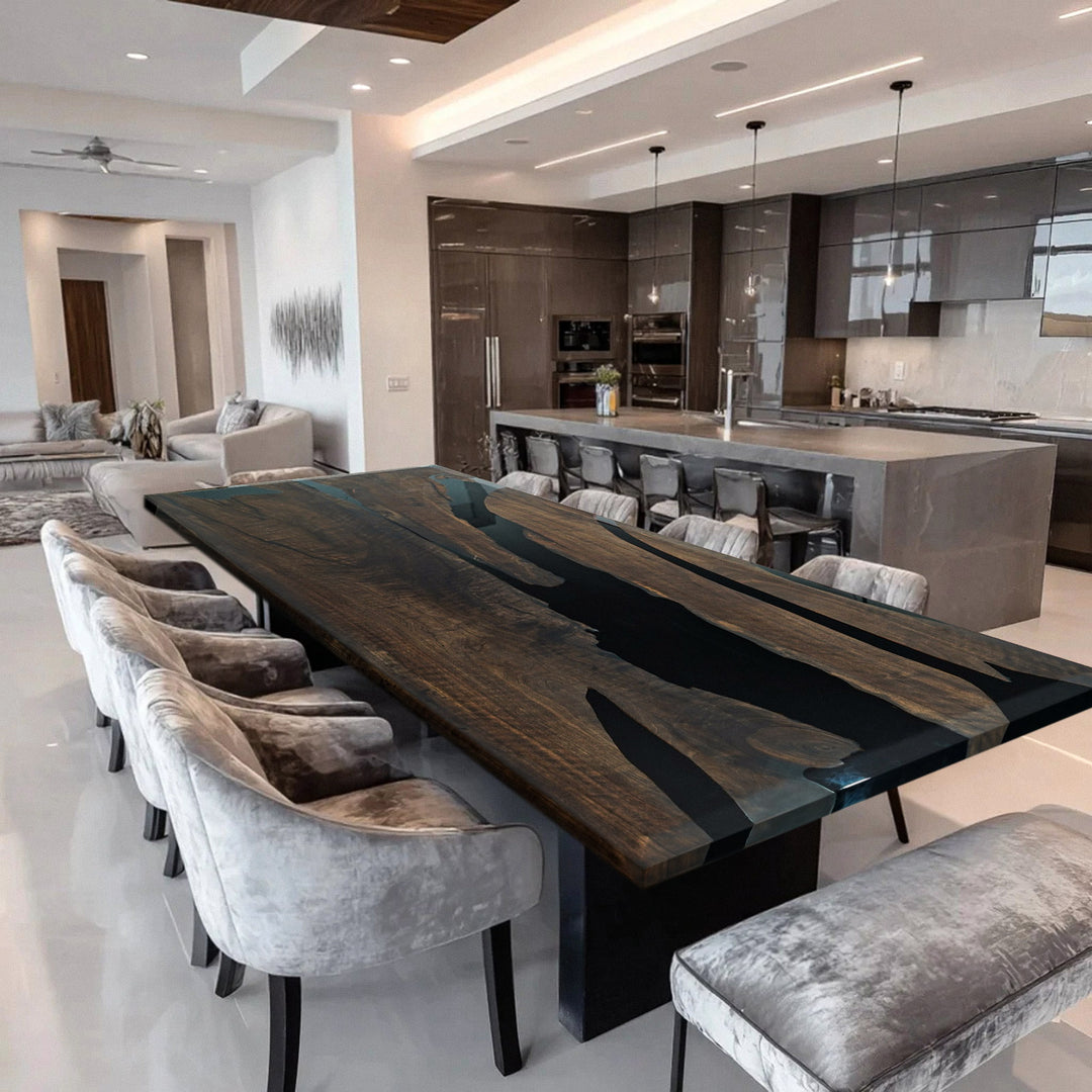 Epoxy river table – black resin with natural black walnut slab