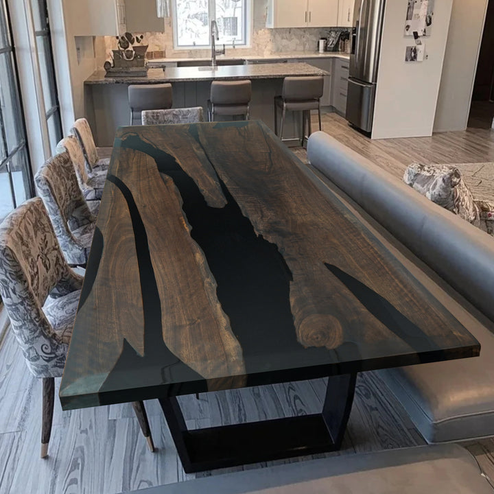 Modern walnut wood and black epoxy dining room table