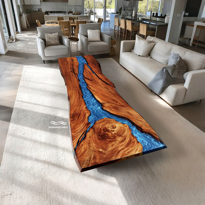 Extra-large blue epoxy river dining table with black walnut wood