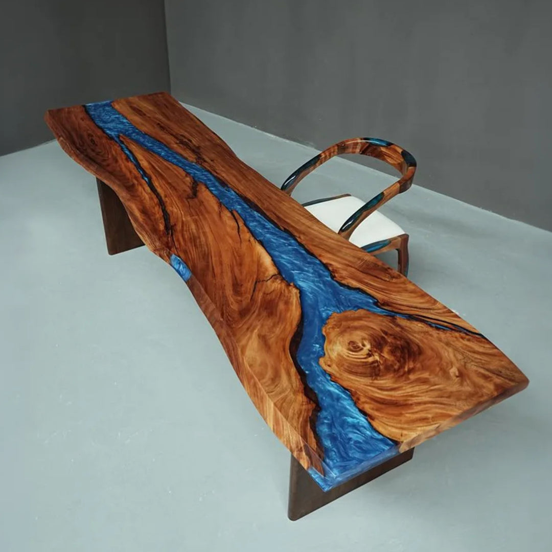 Oversized live edge walnut epoxy river table in bright living room
