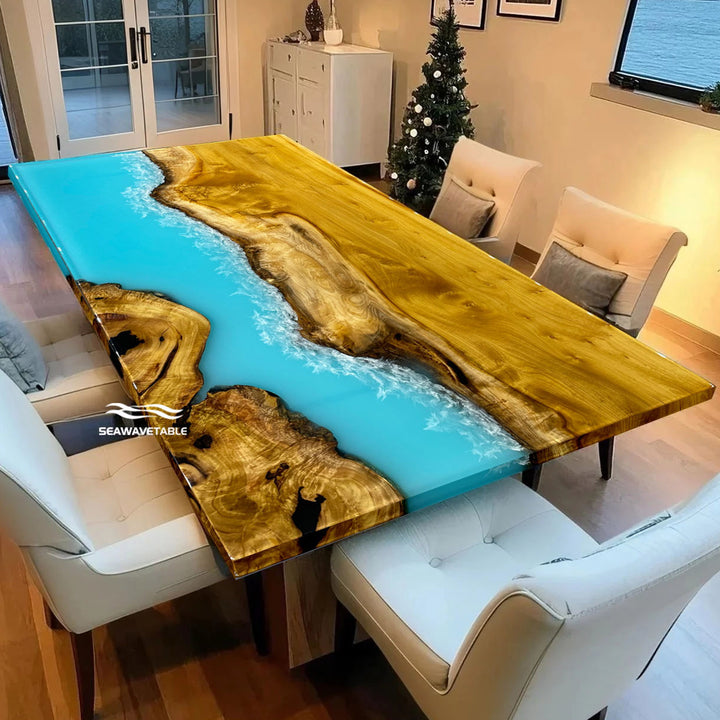 Luxury river table made from golden camphor wood and Ocean Serenity resin