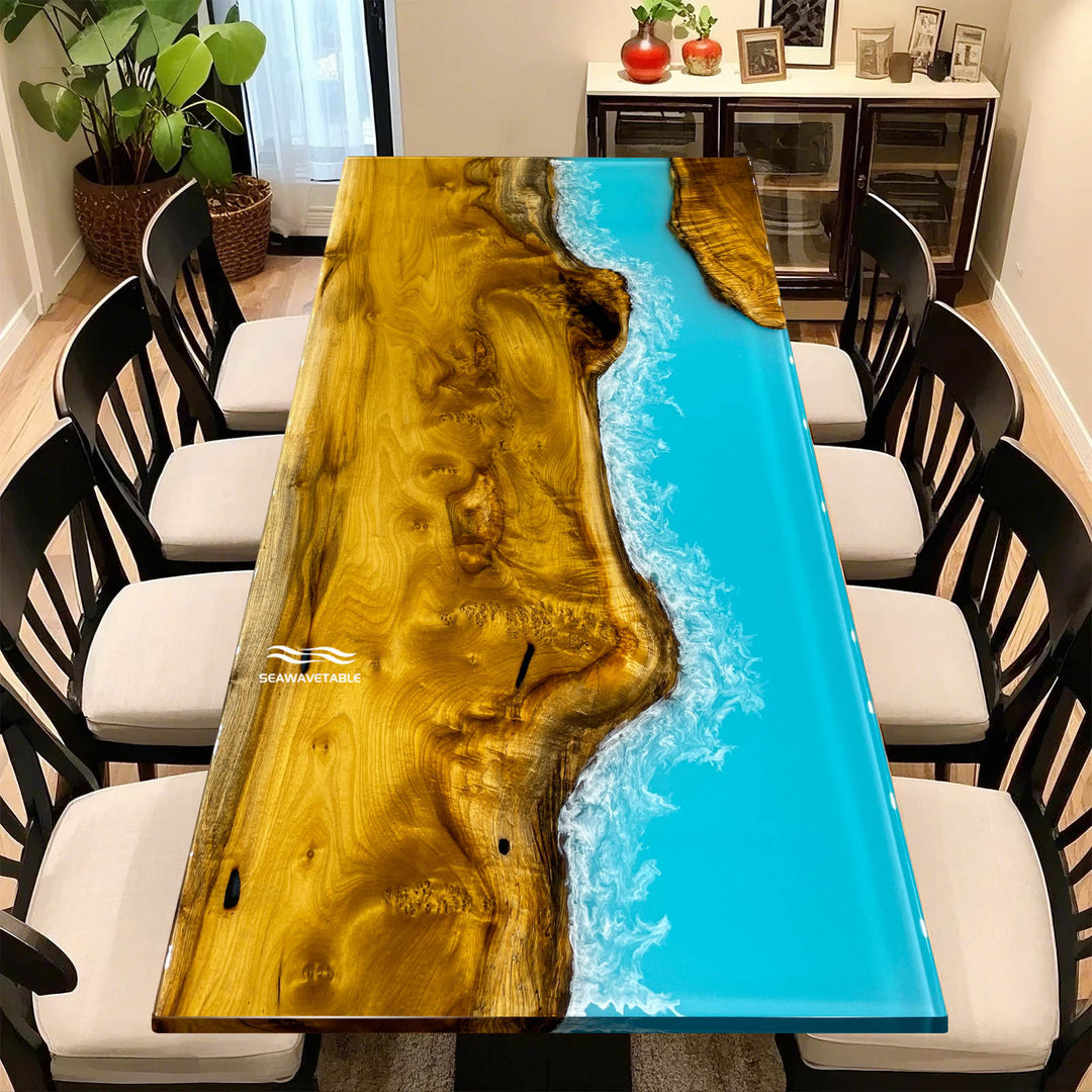 Luxury river table made from golden camphor wood and Ocean Serenity resin