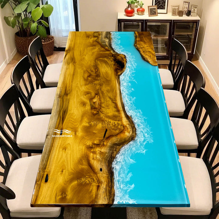 Luxury river table made from golden camphor wood and Ocean Serenity resin