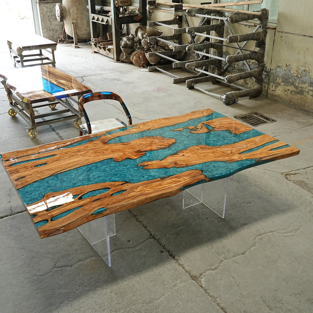 Custom epoxy resin live edge olive wood dining table CRT-051-6 with natural wood grain