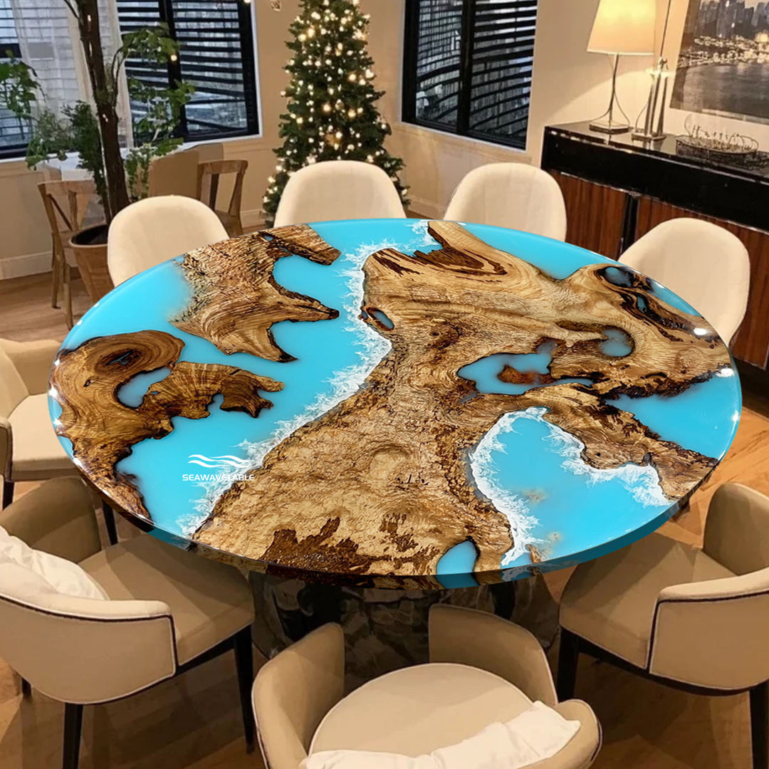 Luxury epoxy table – live edge round wooden table with blue ocean resinwood