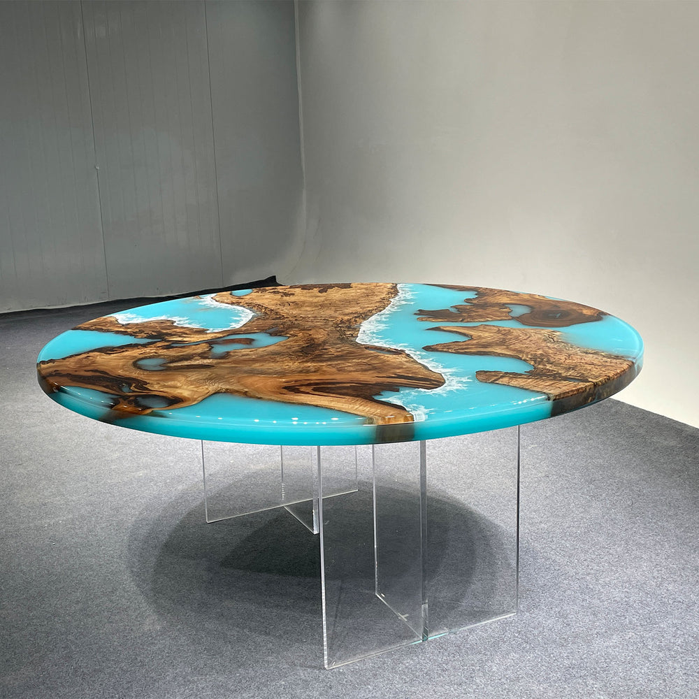 Glossy finish wooden coffee table with ocean-inspired epoxy design