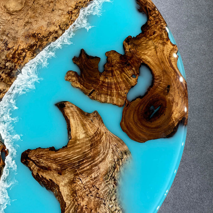 Blue resin wood table – custom epoxy round coffee table for living room