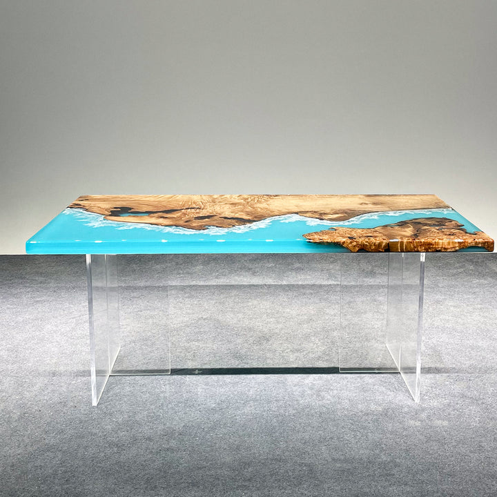 Seawavetable-Handcrafted wood river table with crashing wave resin