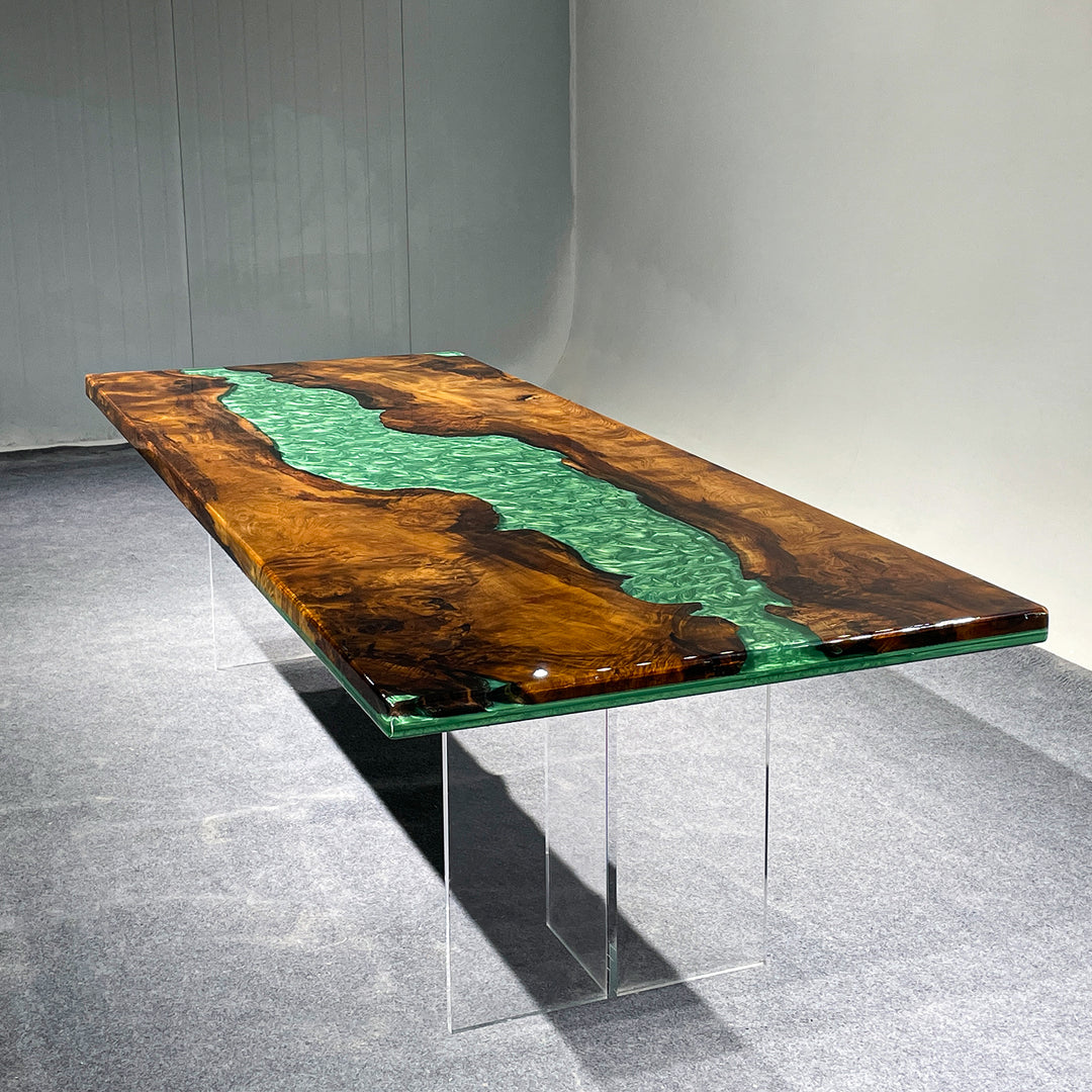 Luxurious epoxy dining or meeting table in green and gold tones