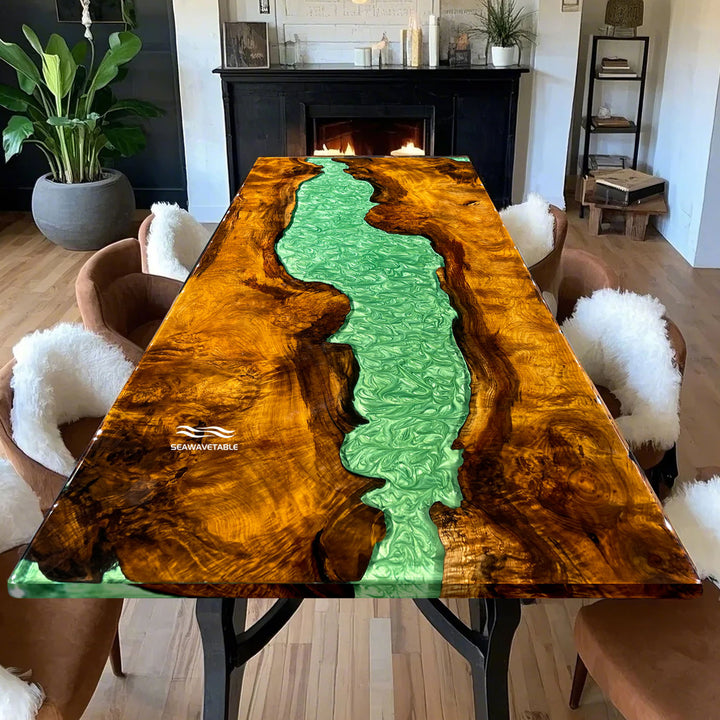 SeawaveTable live edge green epoxy river table with golden camphor