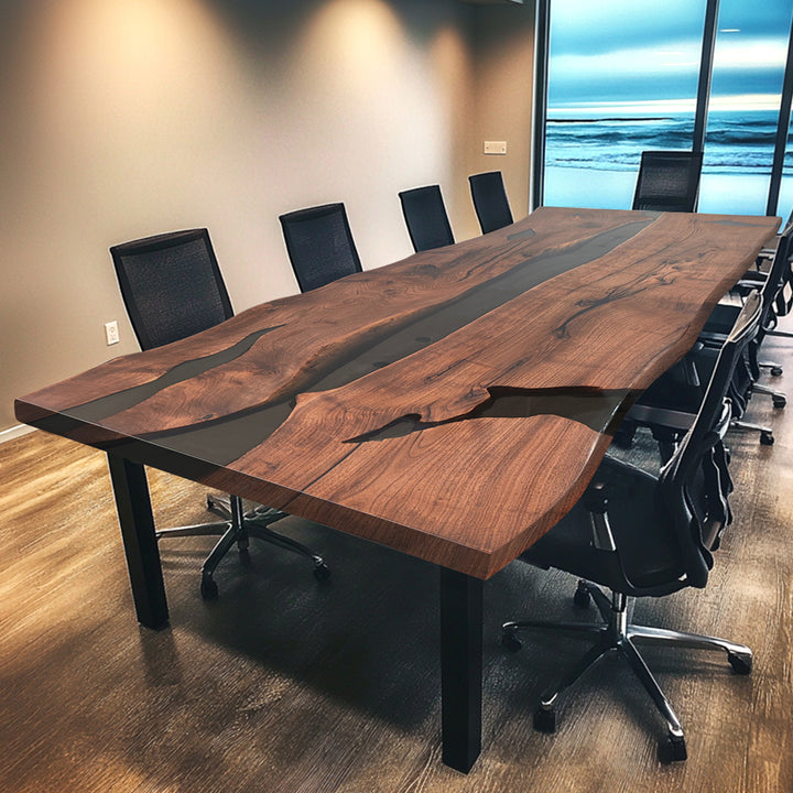 Modern conference table made from live edge walnut and black resin