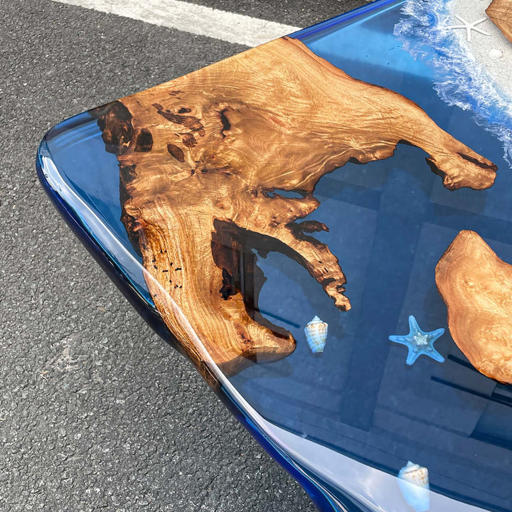 Florida Coastal Living epoxy island table with unique curved design