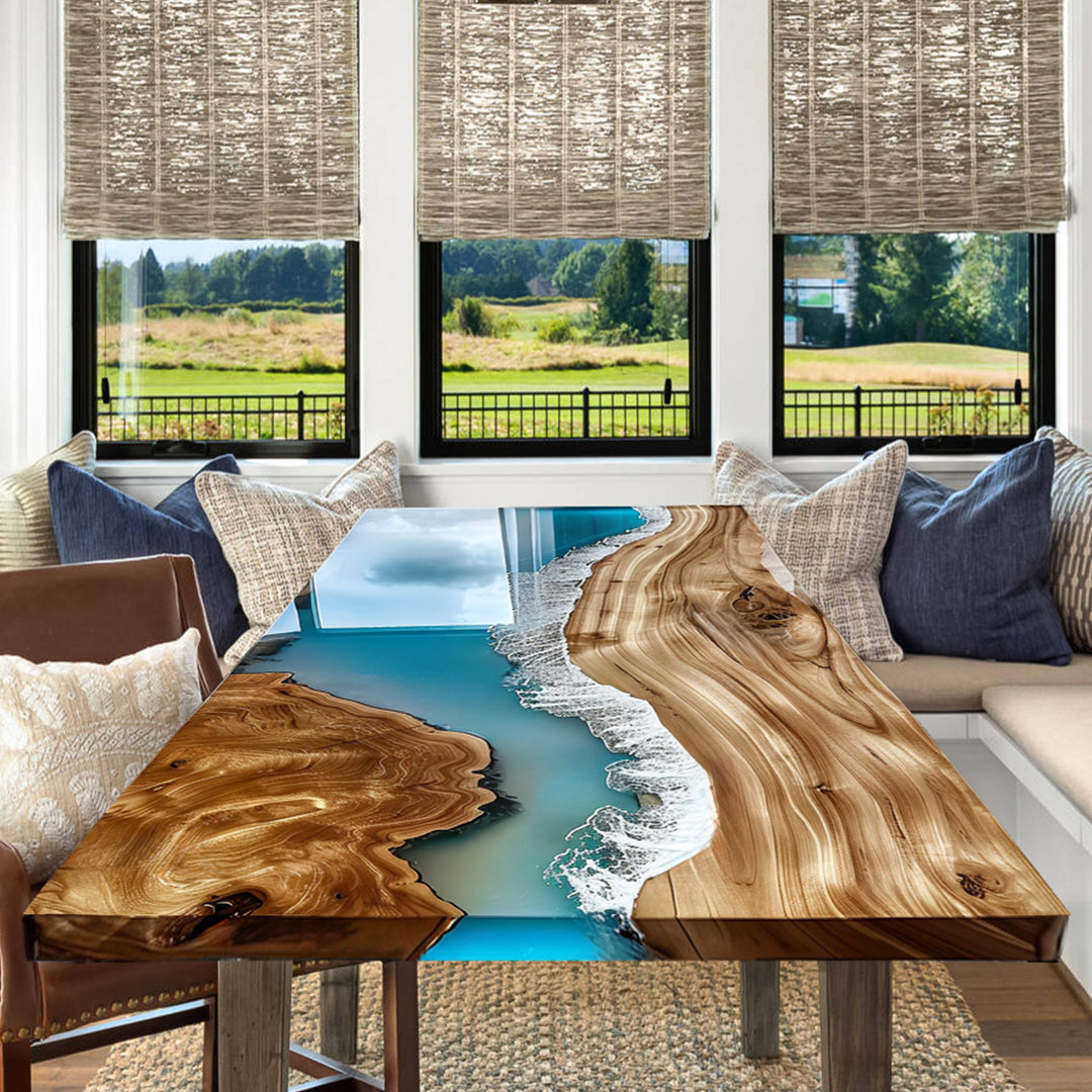 Ocean-themed epoxy and wood table with natural camphor grain