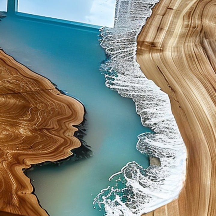 Stunning handcrafted dining table with golden camphor wood and realistic crashing ocean wave in resin art
