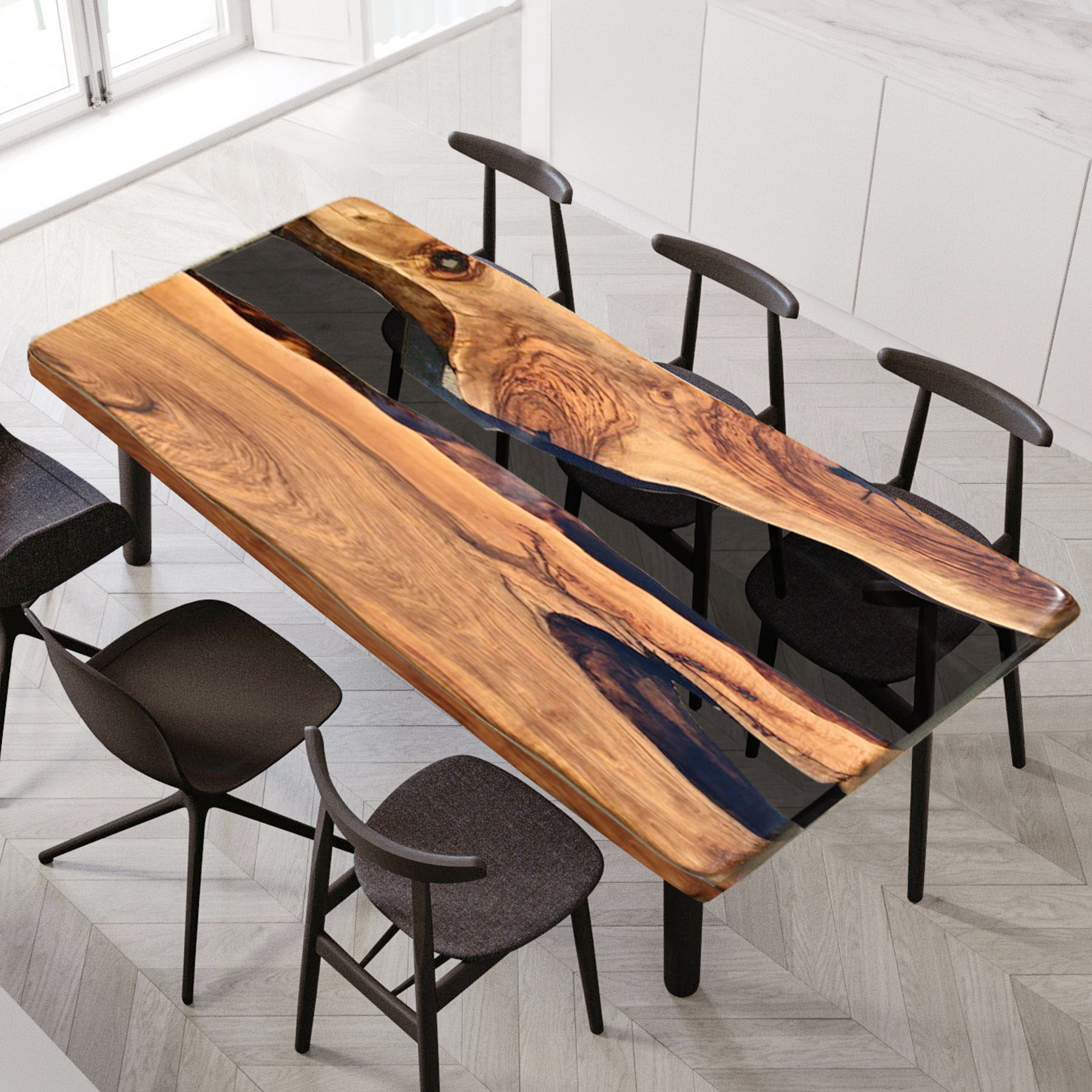 Custom Walnut Translucent Black Epoxy Resin Dining Table Top CRT