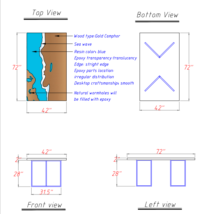 Ocean-inspired resin table with golden camphor wood and waterfall edges