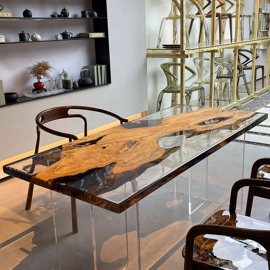 Olive wood and resin dining table with matching chairs, sized 70.87" x 31.5" x 2"