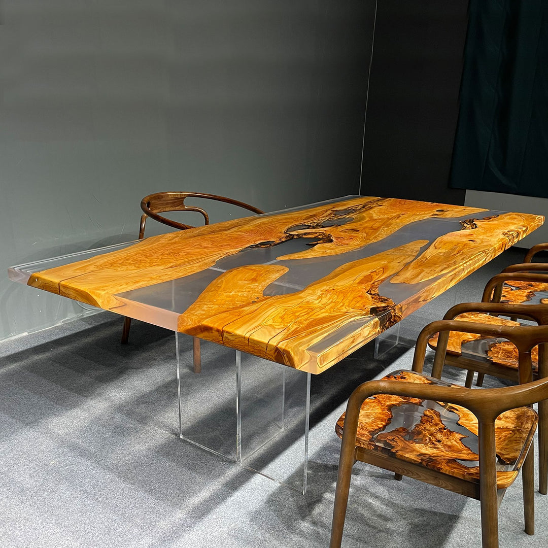 Olive wood and resin dining table with matching wooden chairs