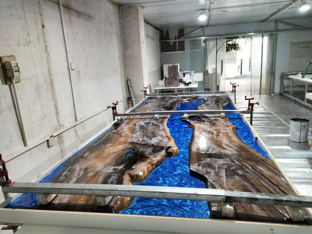 Custom Handmade Black Walnut Blue Epoxy Resin River Dining Table CRT-141