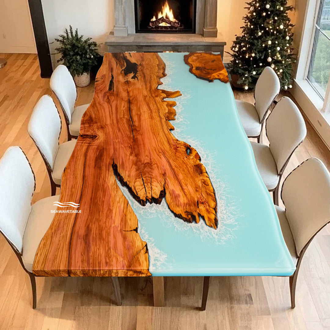 Semi-transparent epoxy river table with straight edge olive wood, 2-inch thick in stock