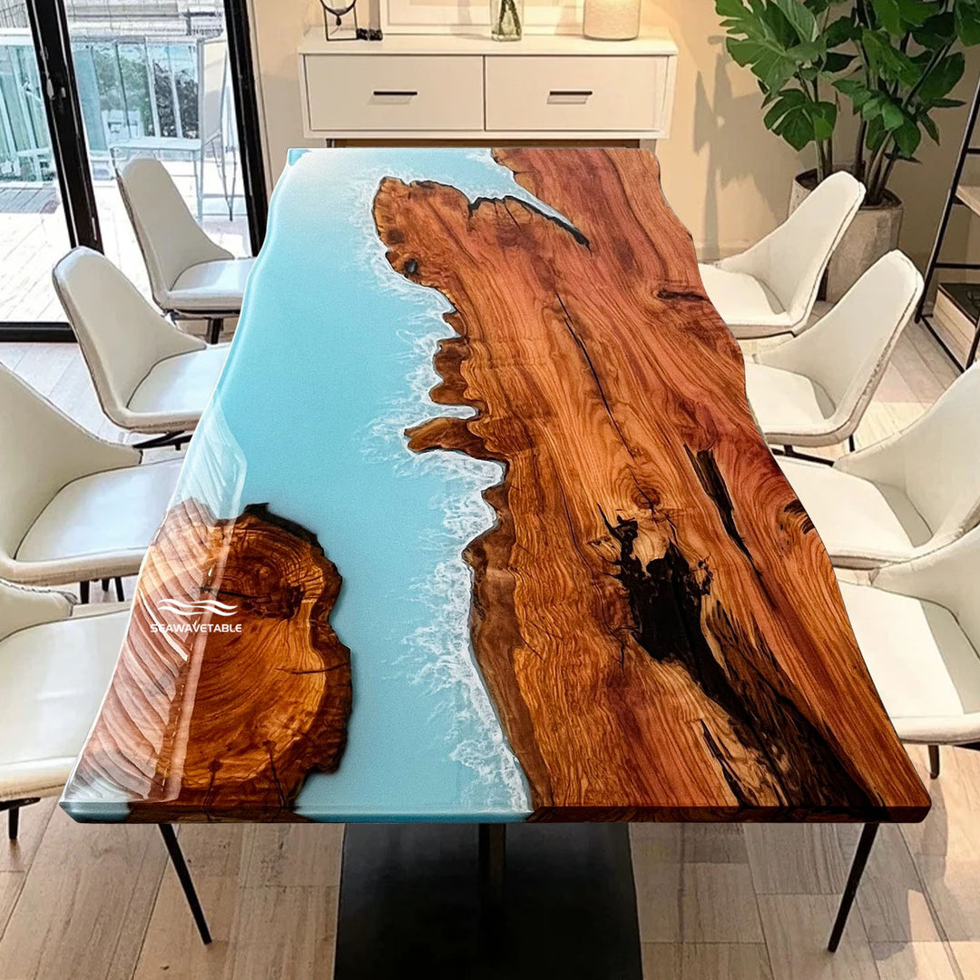 Straight edge olive wood epoxy table with ocean-inspired blue resin and high gloss finish