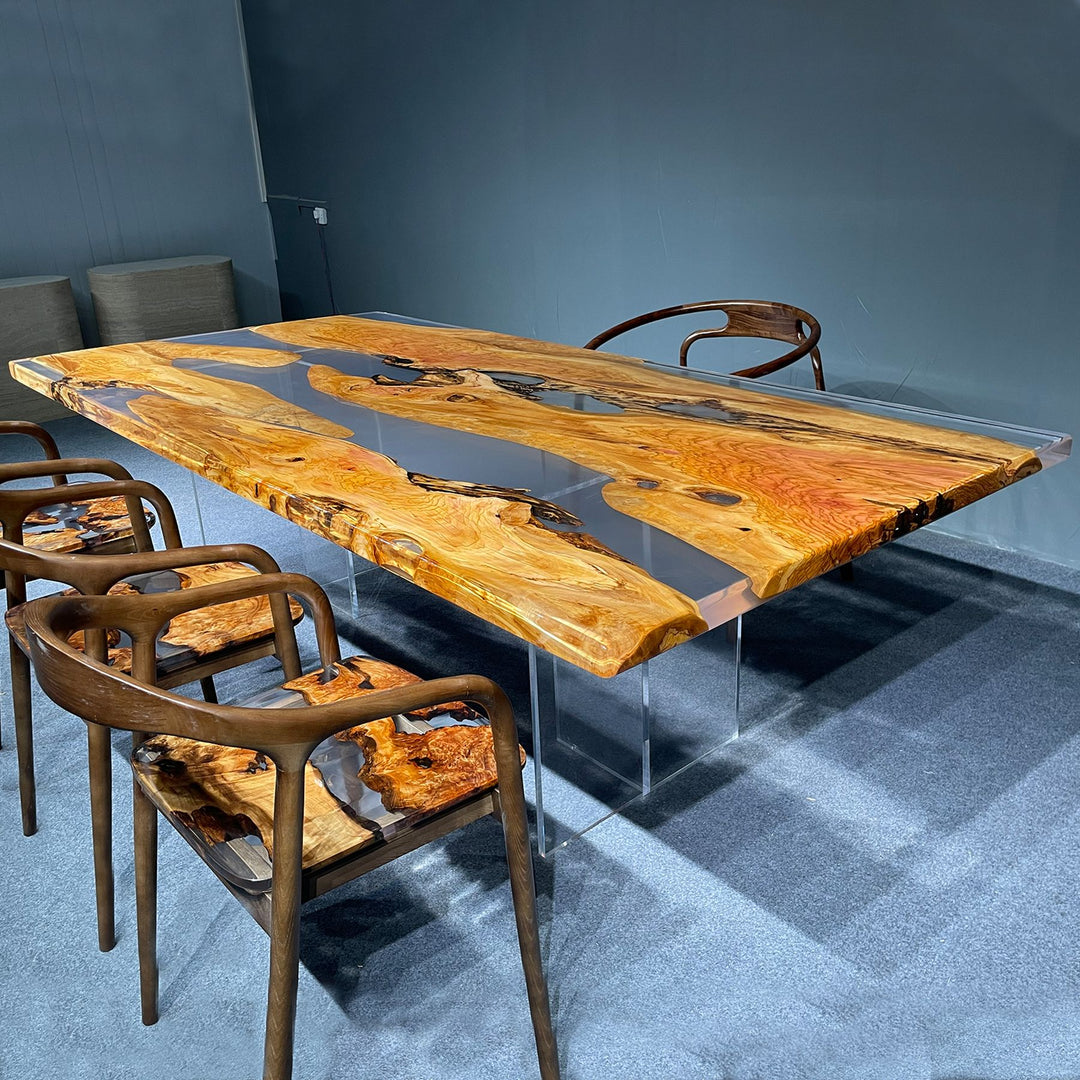 Olive wood and resin dining table set with transparent legs and matching wooden chairs