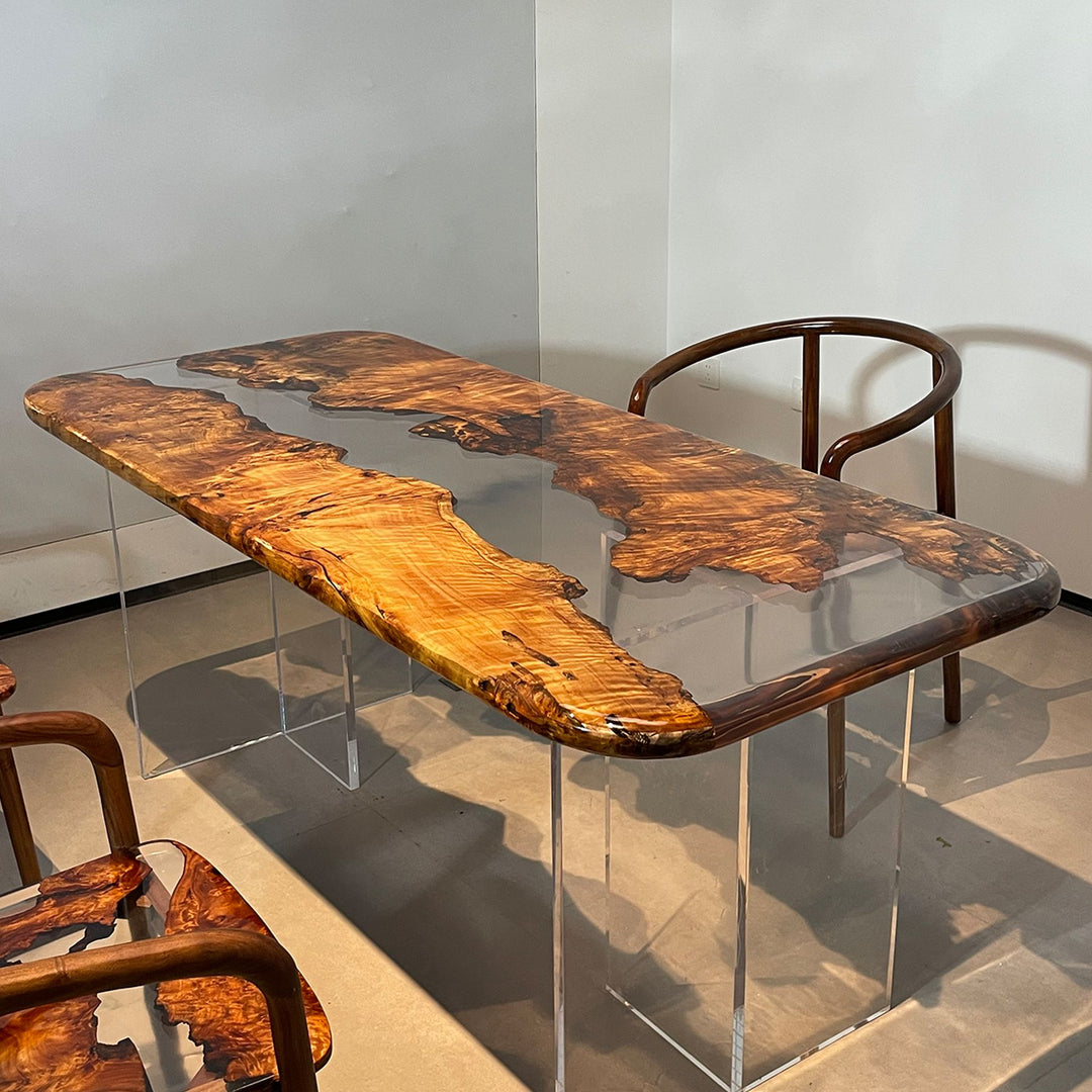 Exquisite Epoxy Dining Table with Poplar Wood and Transparent Resin Legs