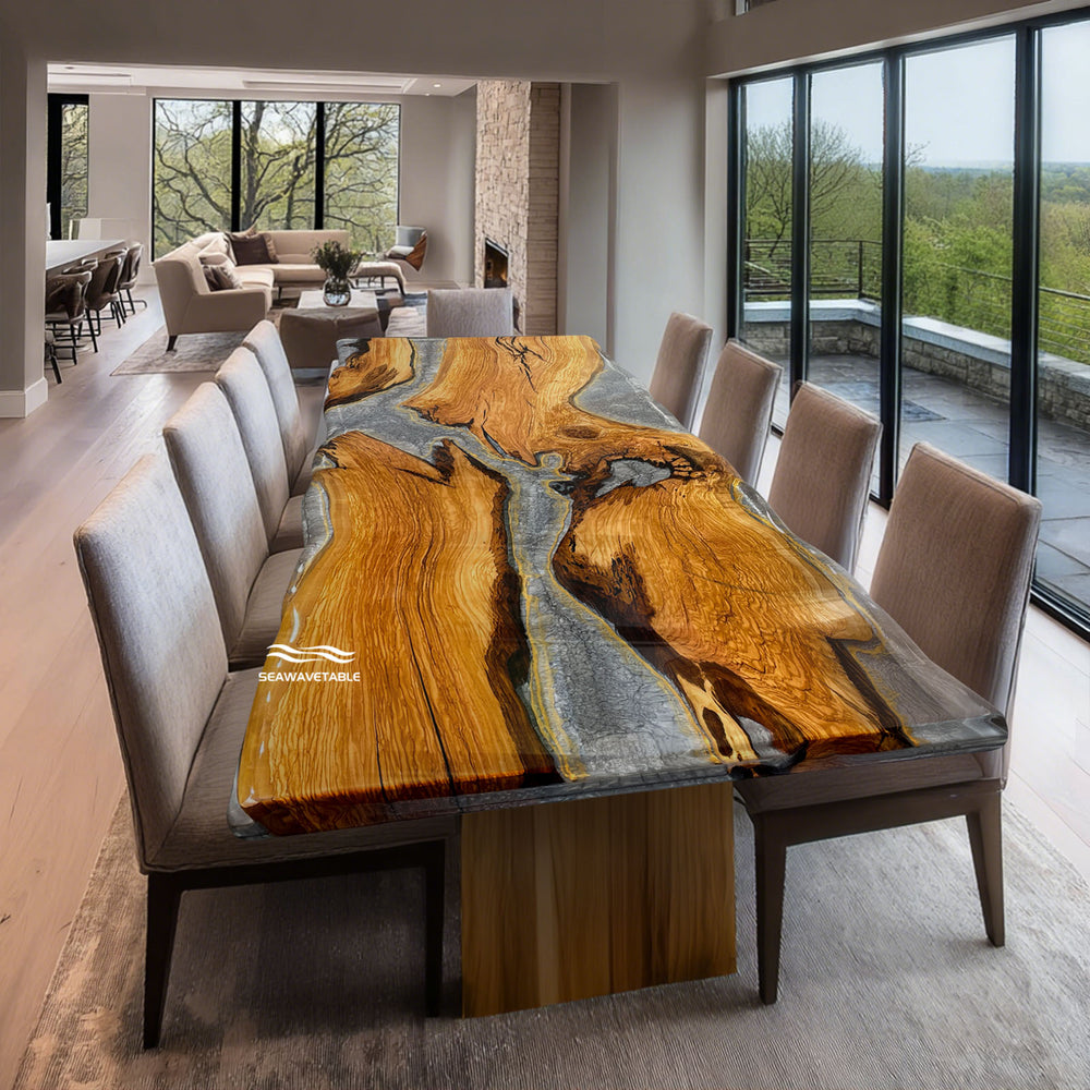 Custom epoxy wood table with silver resin and high-gloss finish