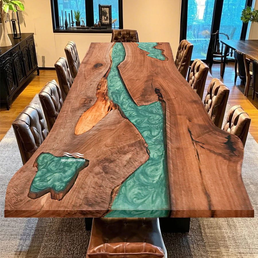 42"x84" handcrafted black walnut resin table with natural live edge detail