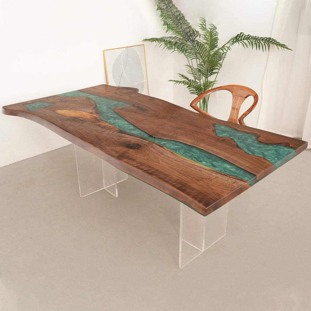 Epoxy river table featuring rich walnut grain and clear resin flow