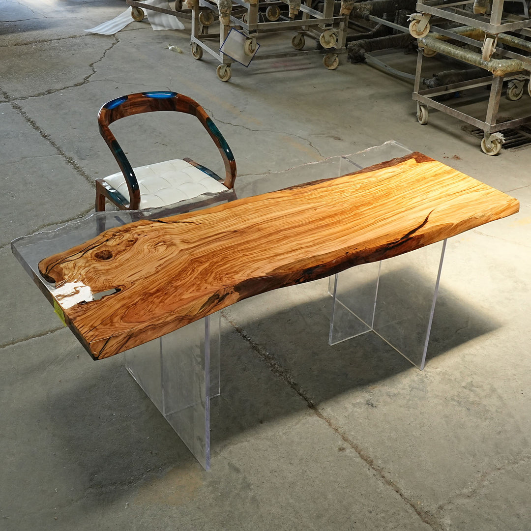 Large epoxy resin table with live edge wood slab design