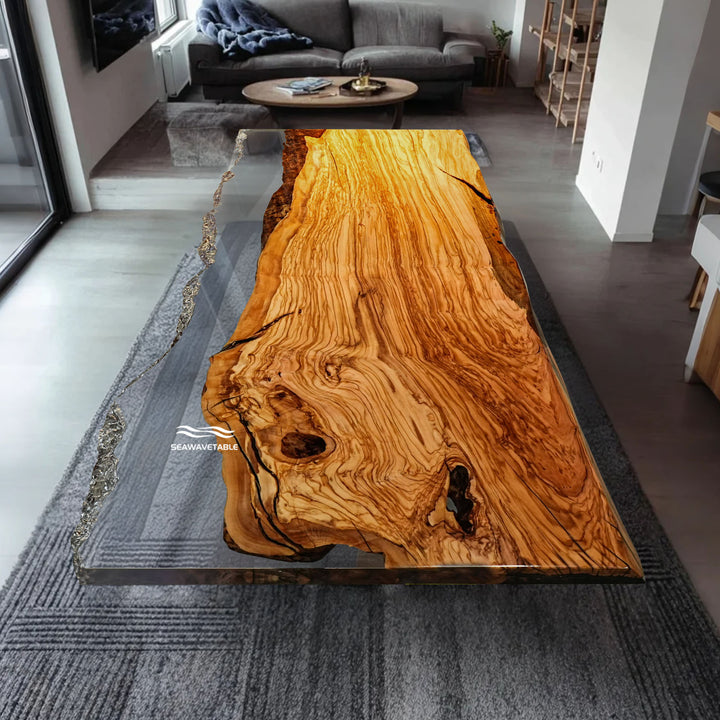 Modern oversized resin and wood dining table with glossy finish
