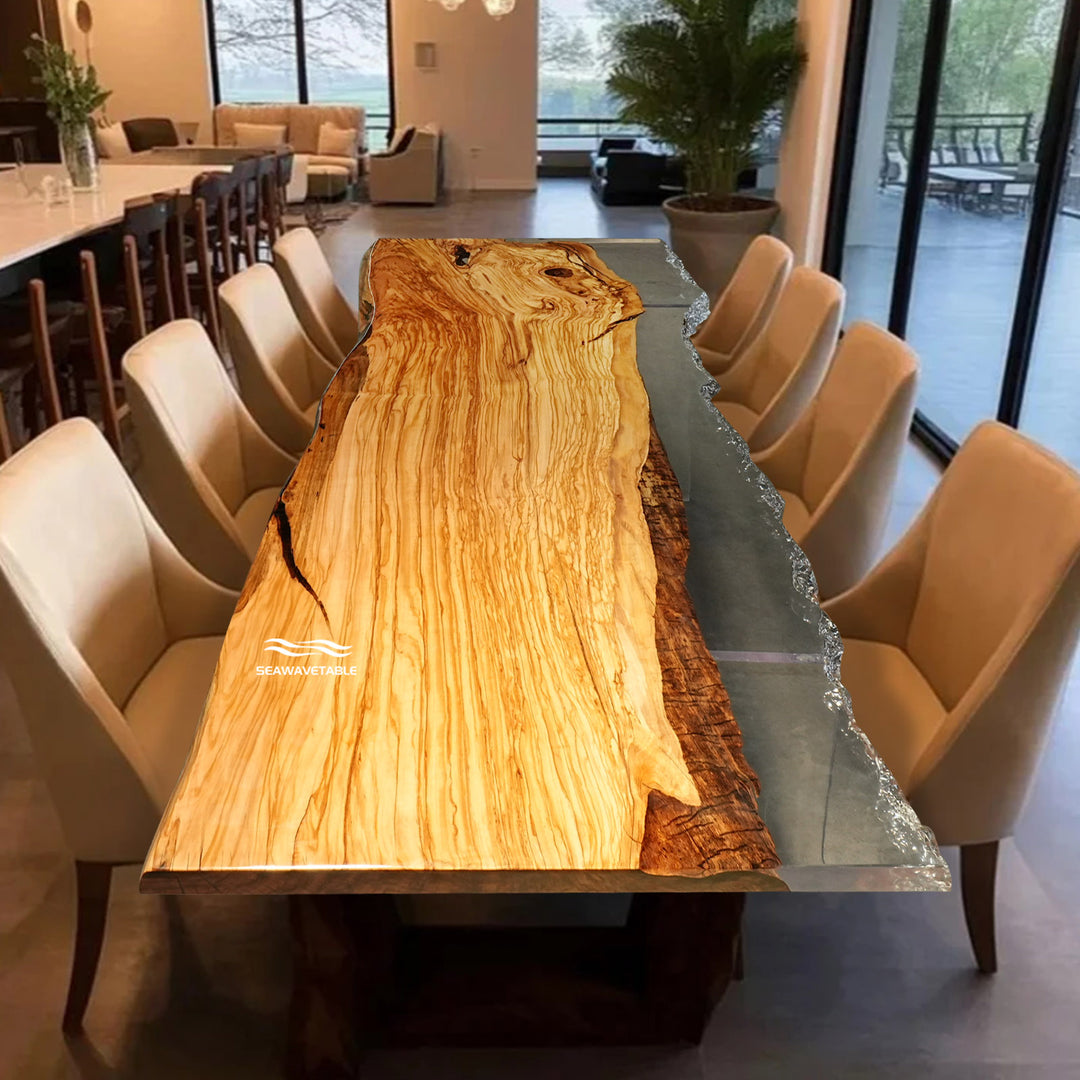 Luxury large epoxy resin dining table with live edge olivet wood slab