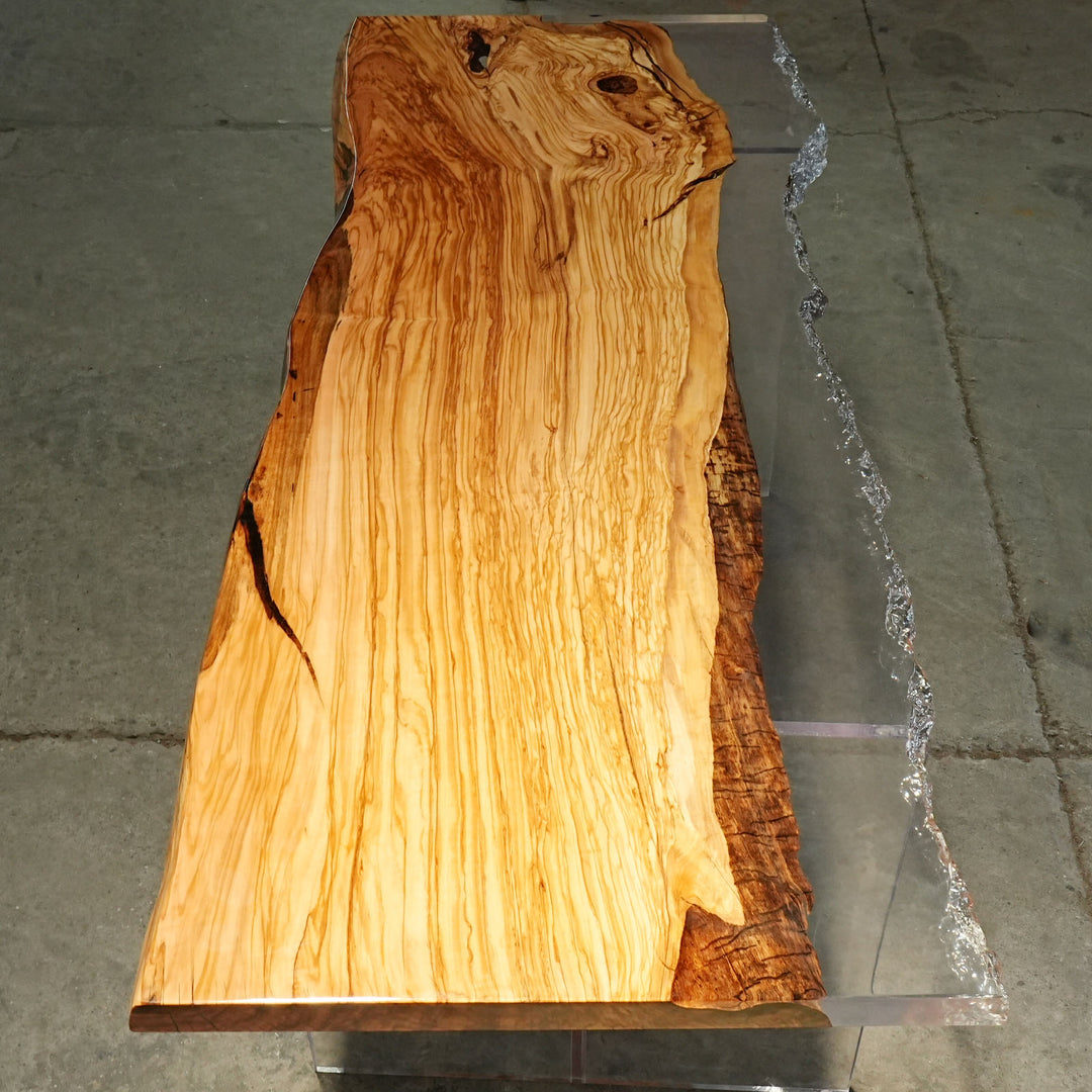 High-end custom resin dining table with natural olive wood