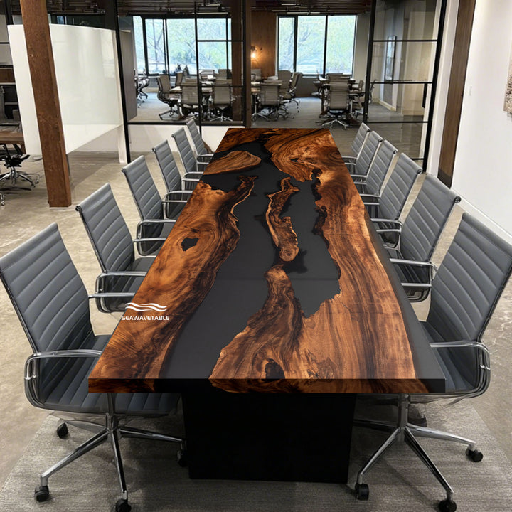 Modern walnut and black epoxy river conference table with straight edge design