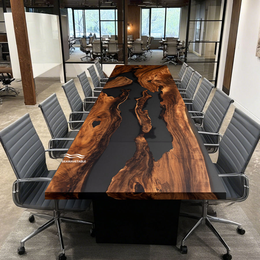 Modern walnut and black epoxy river conference table with straight edge design