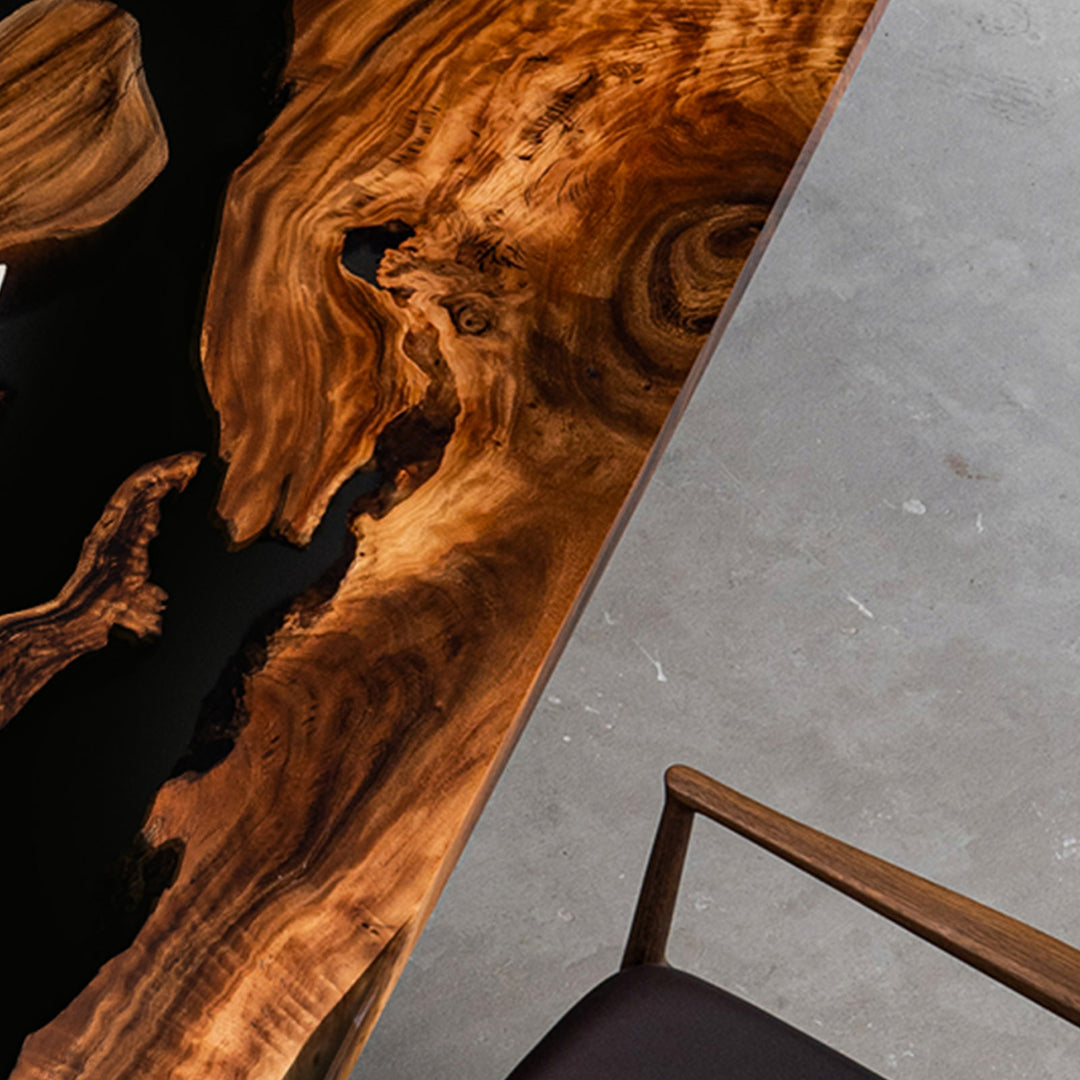 Custom walnut epoxy river table in a California executive boardroom setting