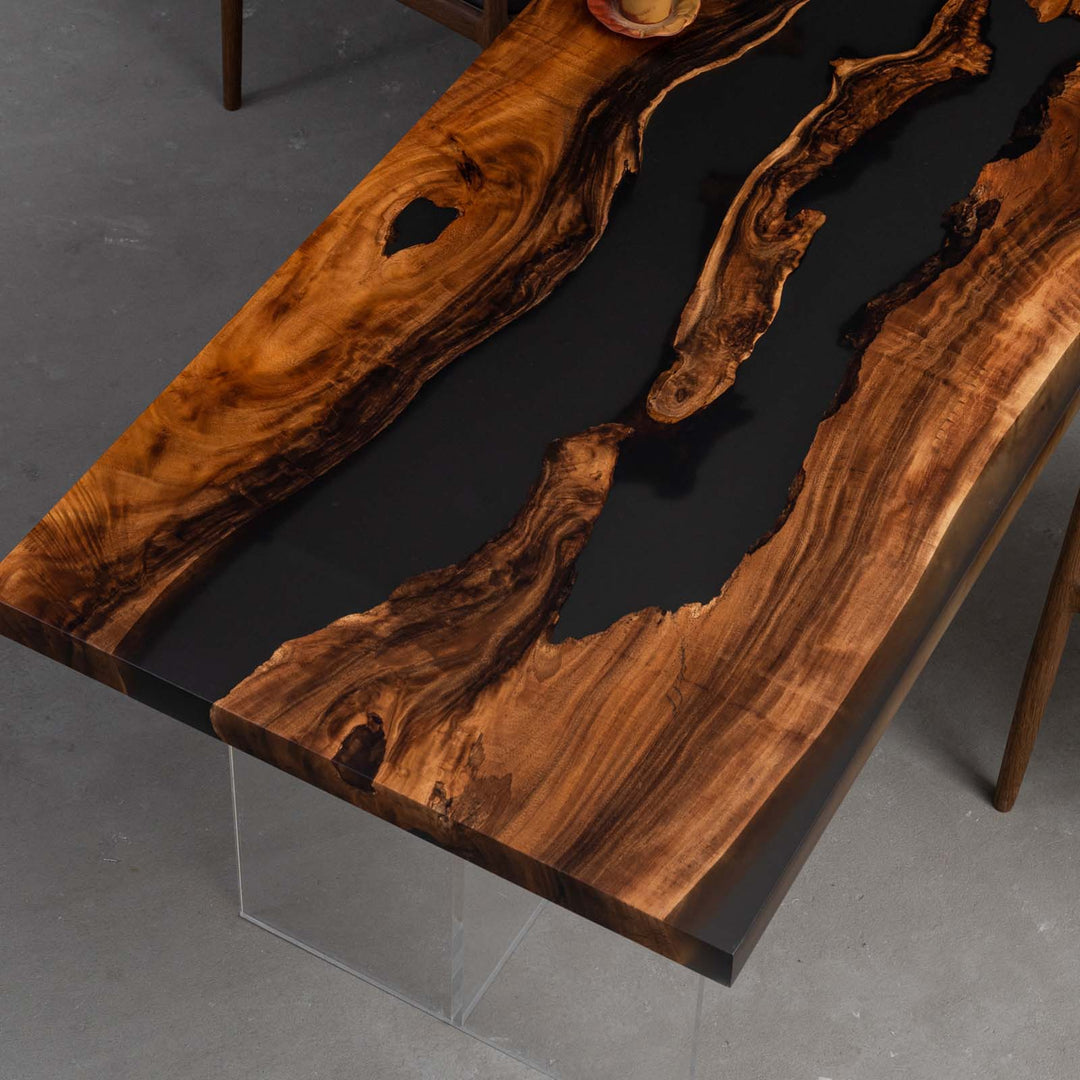 Solid walnut wood and black resin conference table with free metal base
