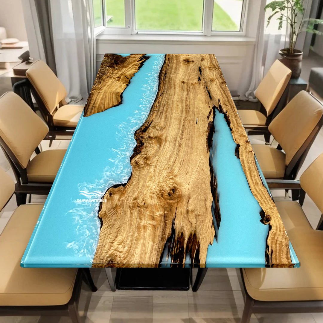 Golden Camphor wood epoxy river table with Ocean Serenity resin