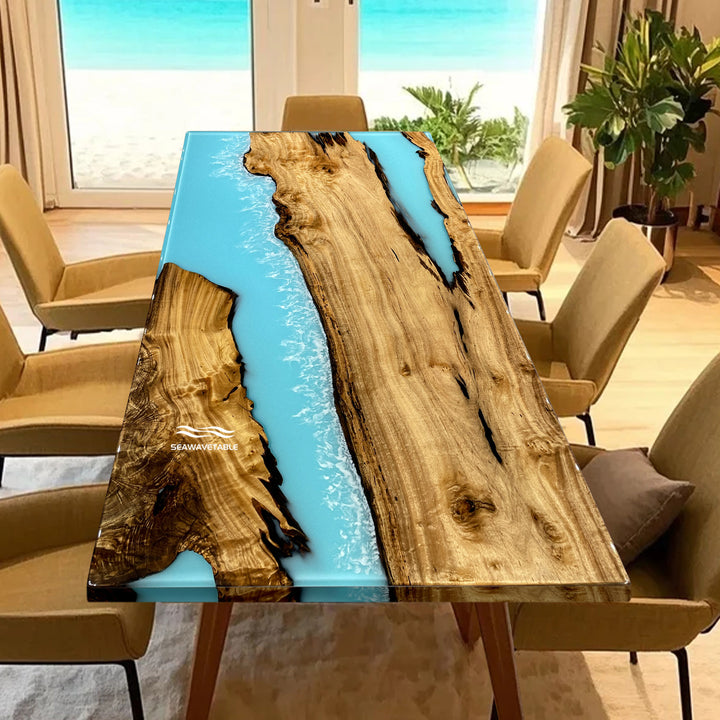 Live edge dining table made from golden camphor and blue epoxy