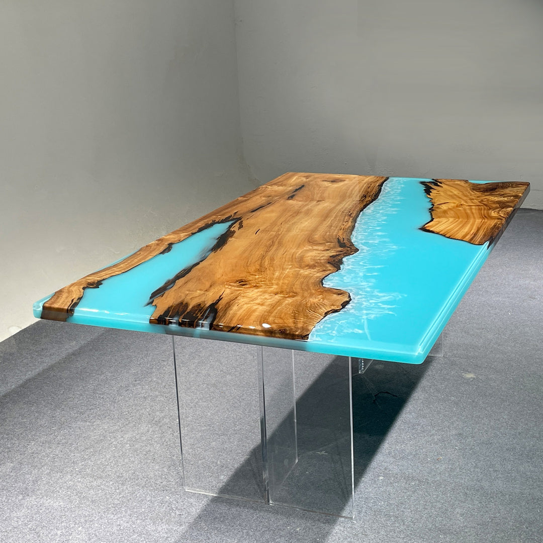 Handmade conference table with golden camphor and clear blue epoxy