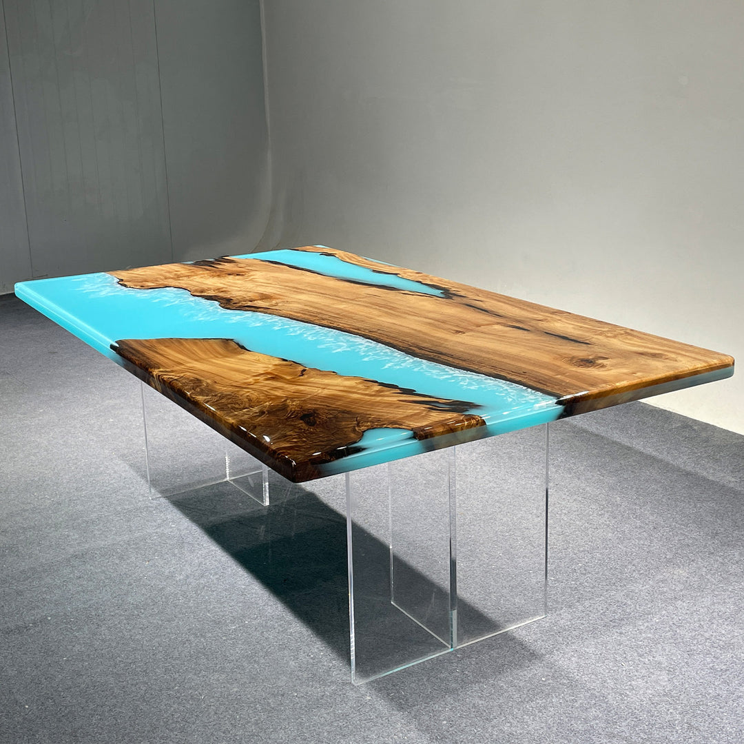 Epoxy river table with natural wood slab and straight edge finish